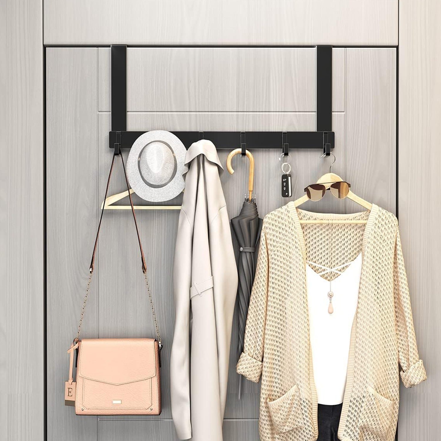 Dresses and Other Accessories are Hanged on a Over Door Hooks.