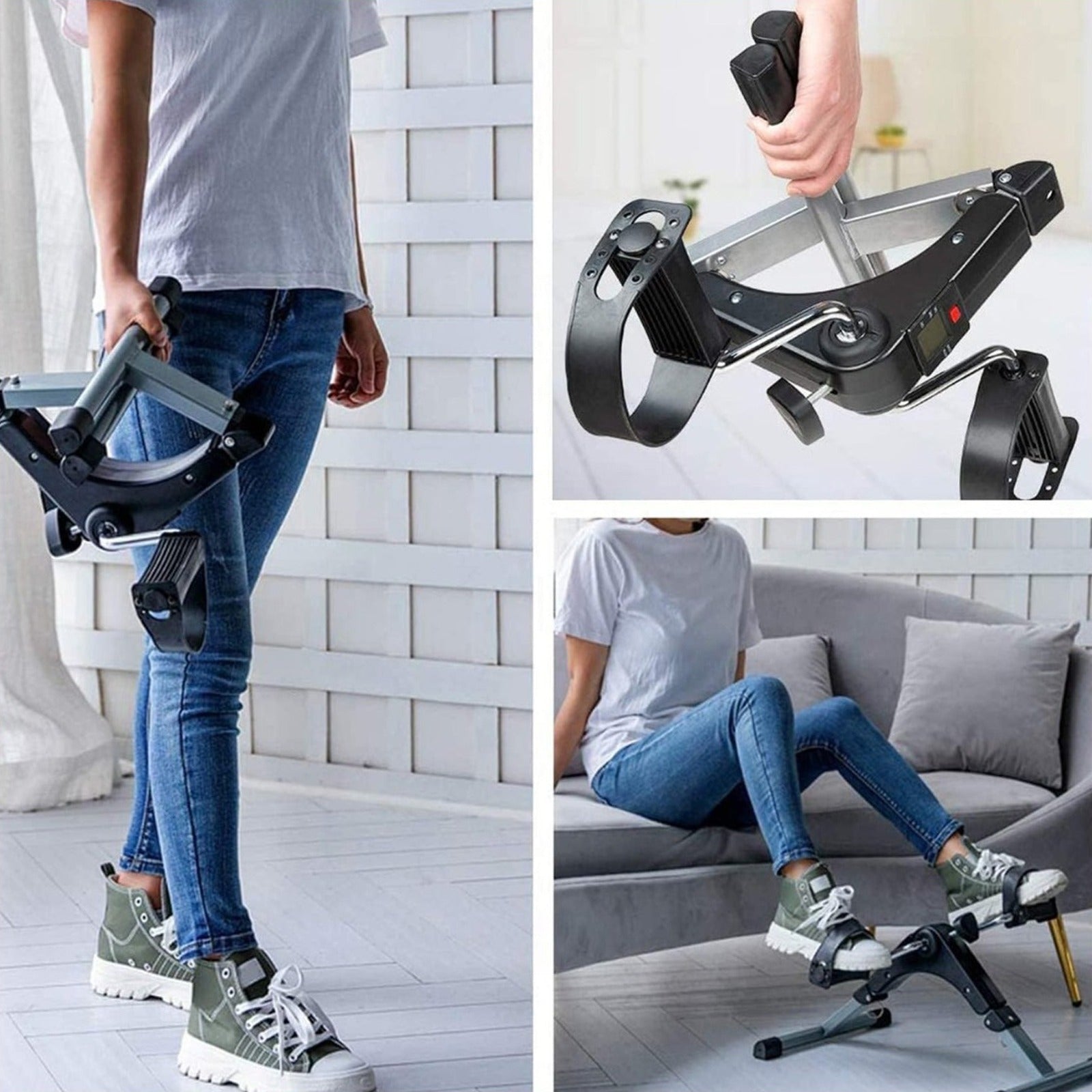 A compact pedal exerciser is shown being carried by hand and used while seated on a sofa.