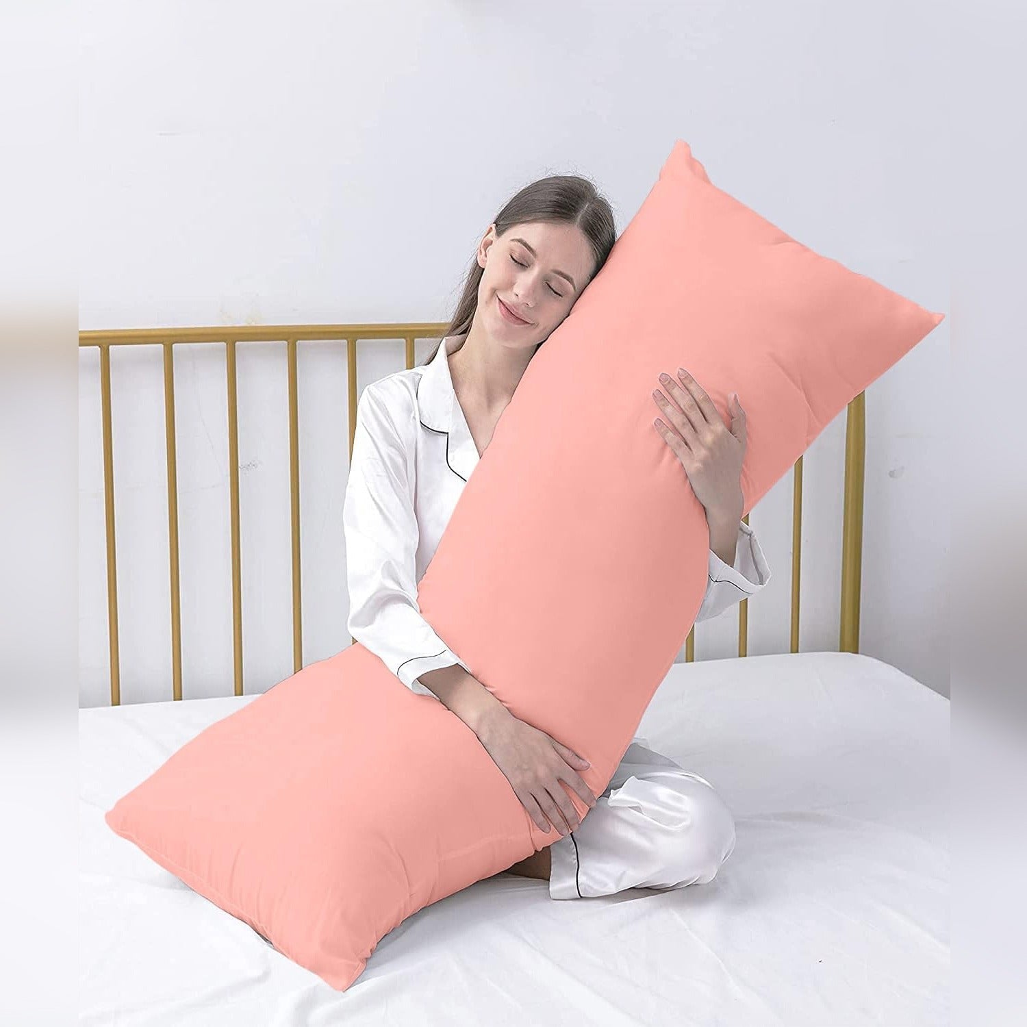 A Woman is Holding Body Pillow.