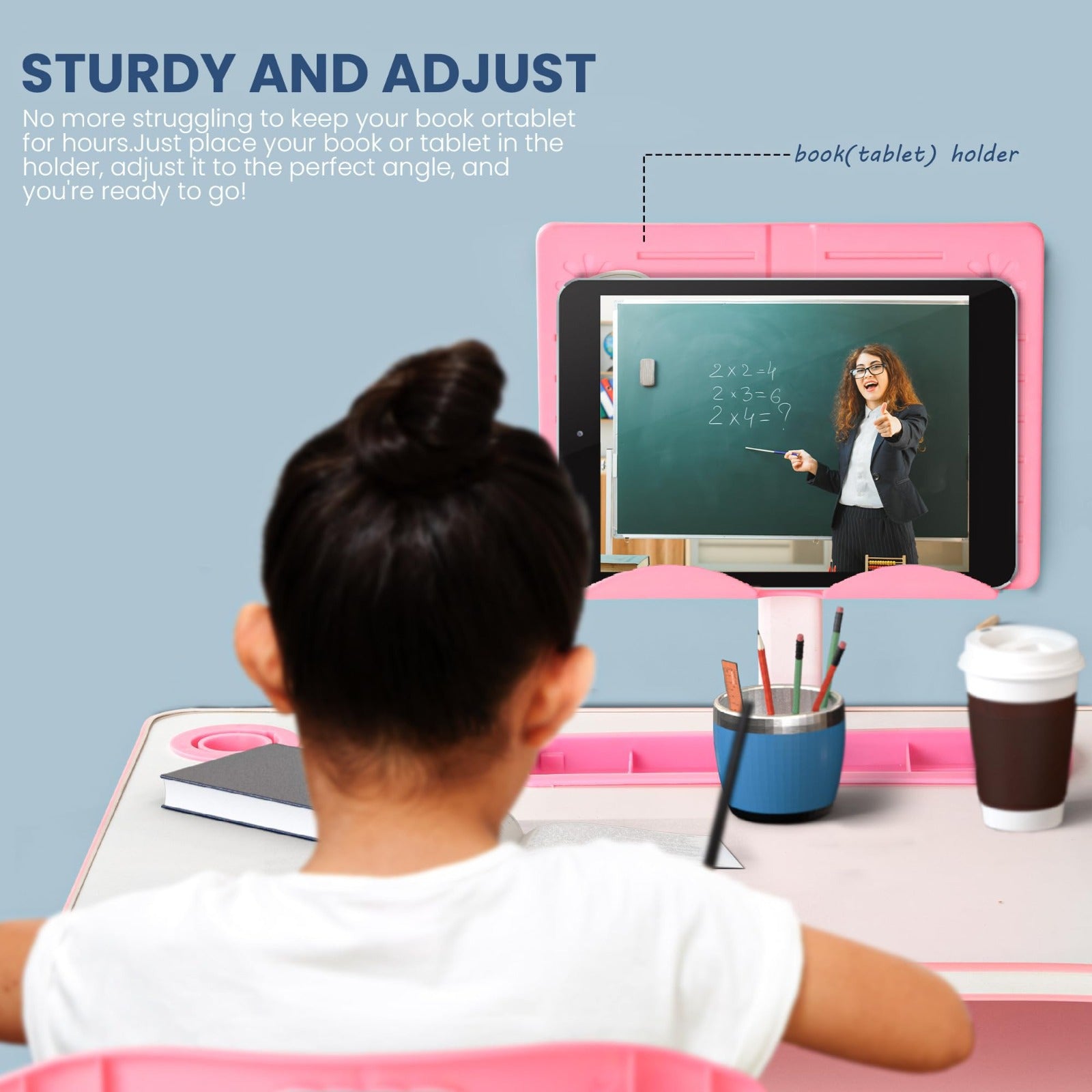 A Child is Studying by Sitting On a Adjustable Kids Study Table and Chair Set