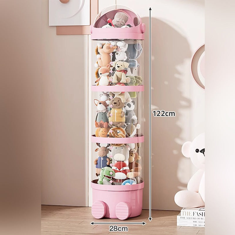 A Large Toy Storage Bin Organizer Box with Dolls are Stuffed in it.