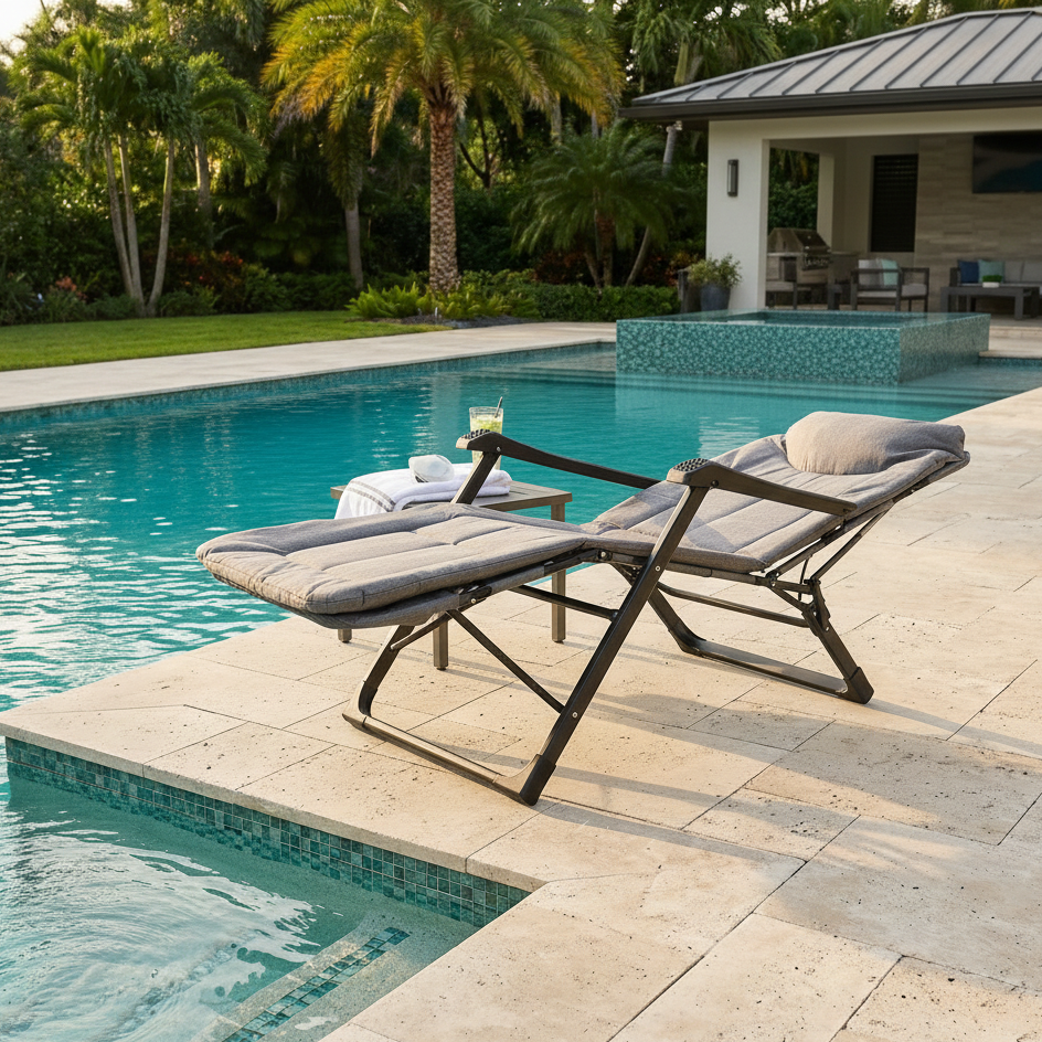 An Adjustable Folding Camping Chair Bed in a Pool setting