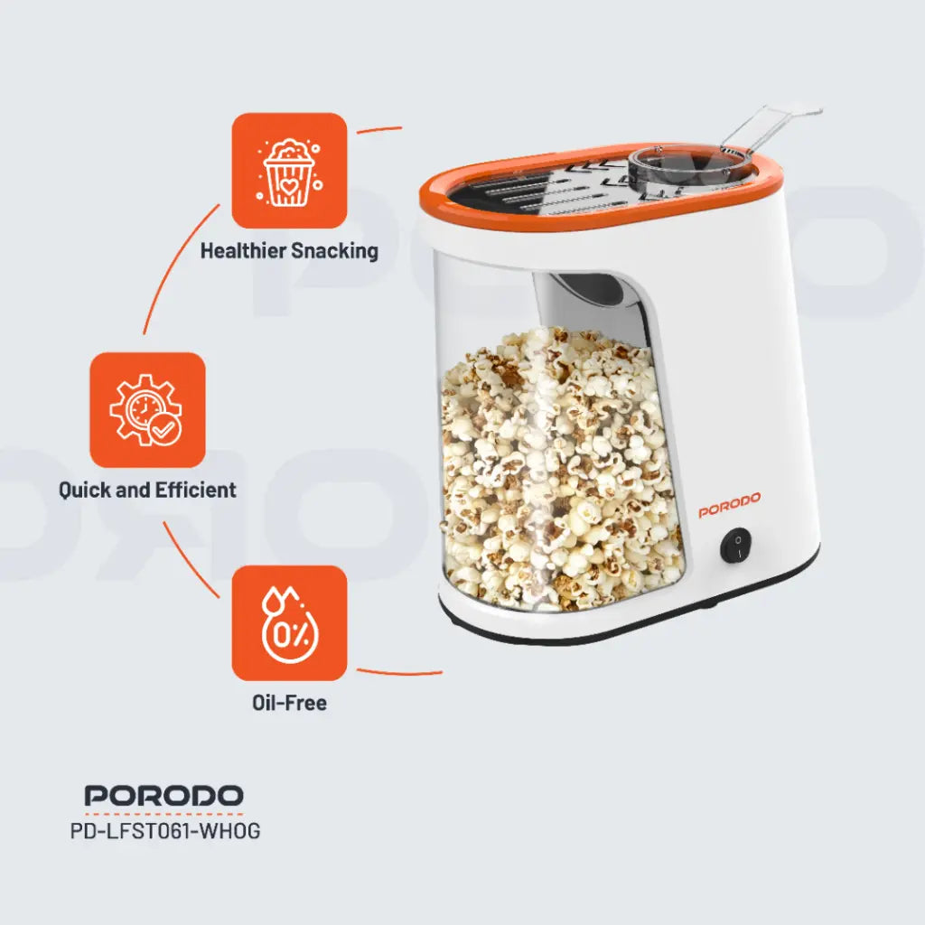 Porodo Air-Popped Popcorn Maker with Popcorn in Making.