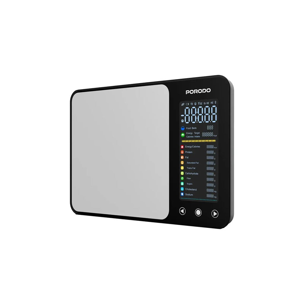 Porodo Kalio Smart Food Kitchen Scale with a black frame and digital display on a white background