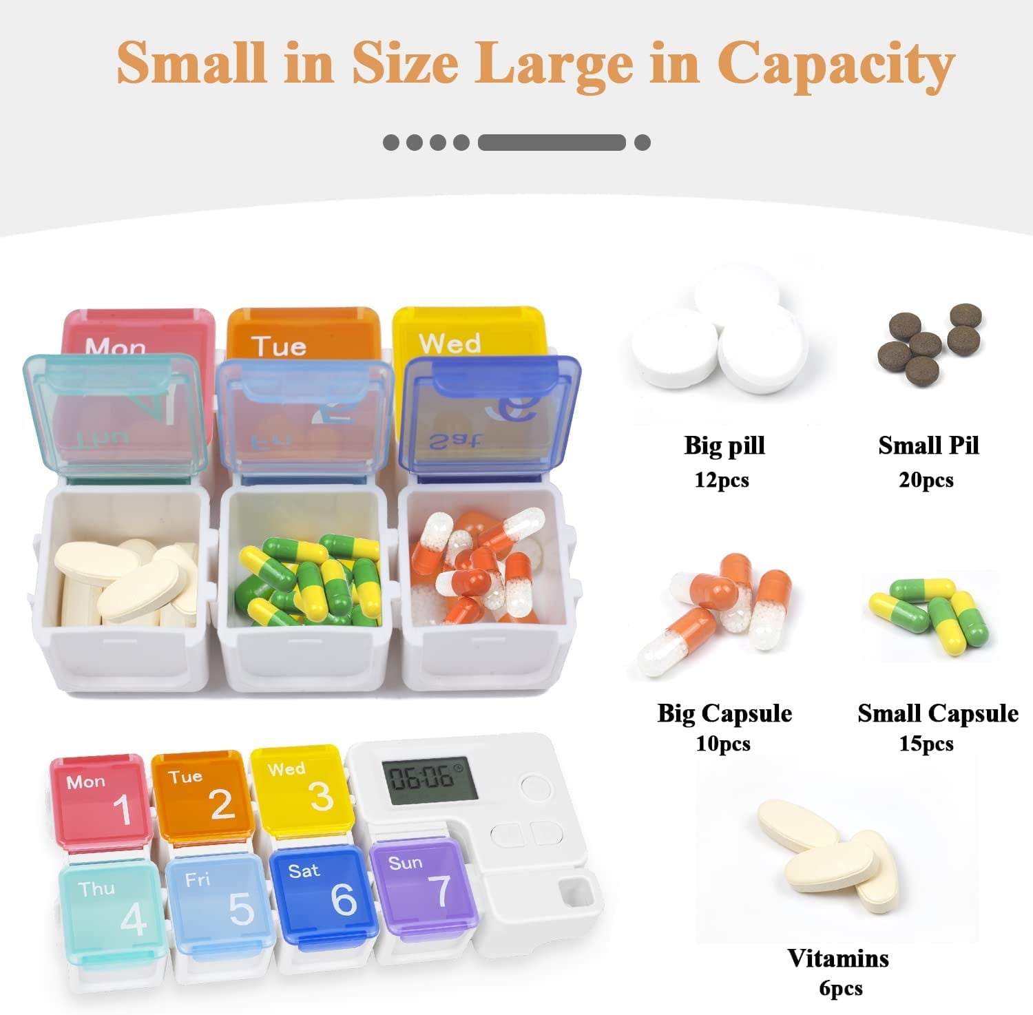 Portable alarm pill box with seven colorful daily compartments labeled Monday to Sunday and a digital reminder timer, shown holding different pills, capsules, and vitamins.