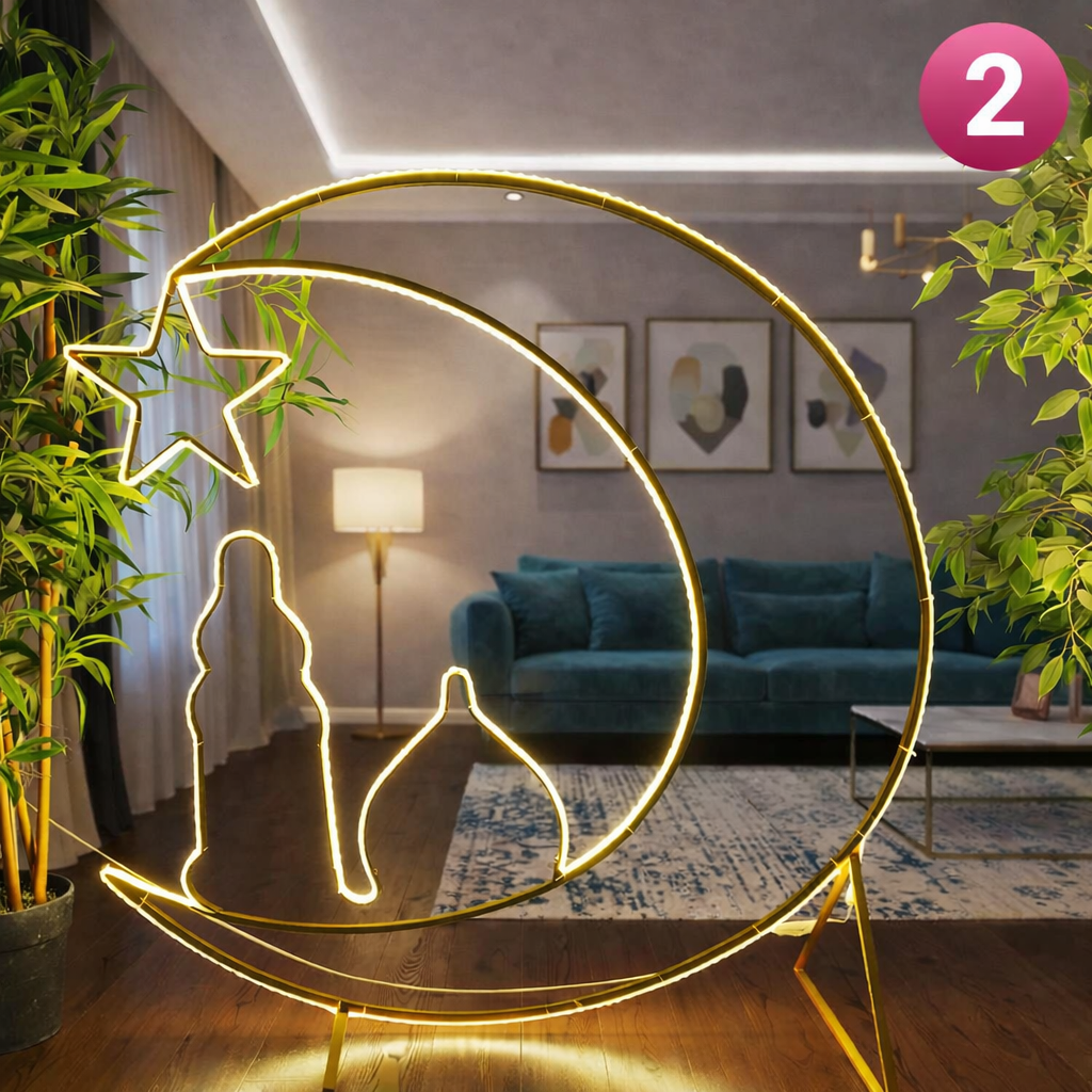 A Ramadan Moon & Star LED Light is Set Down in a Living Area.