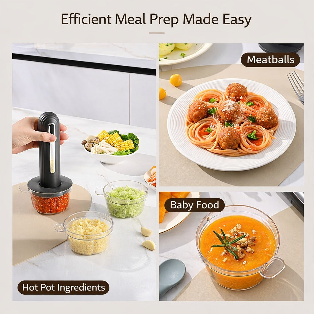 A cordless electric food processor chopping vegetables, alongside prepared dishes including meatballs, hot pot ingredients, and baby food in clear containers.