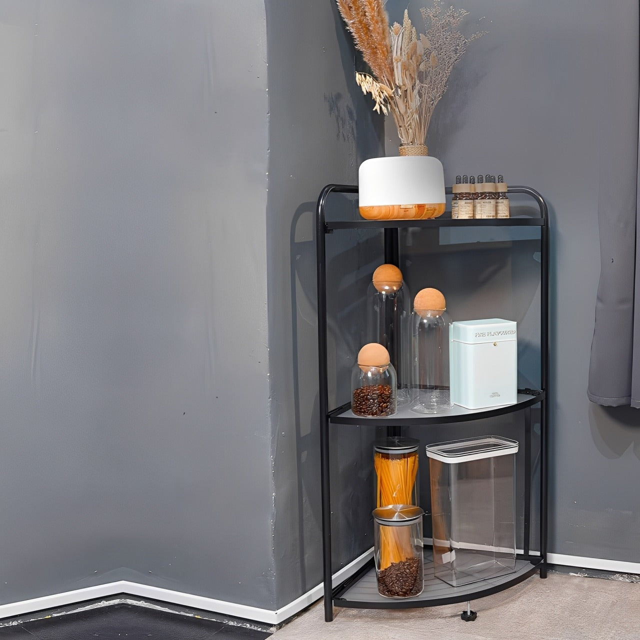 A Foldable Corner Storage Rack is Placed at the Corner of the Room.