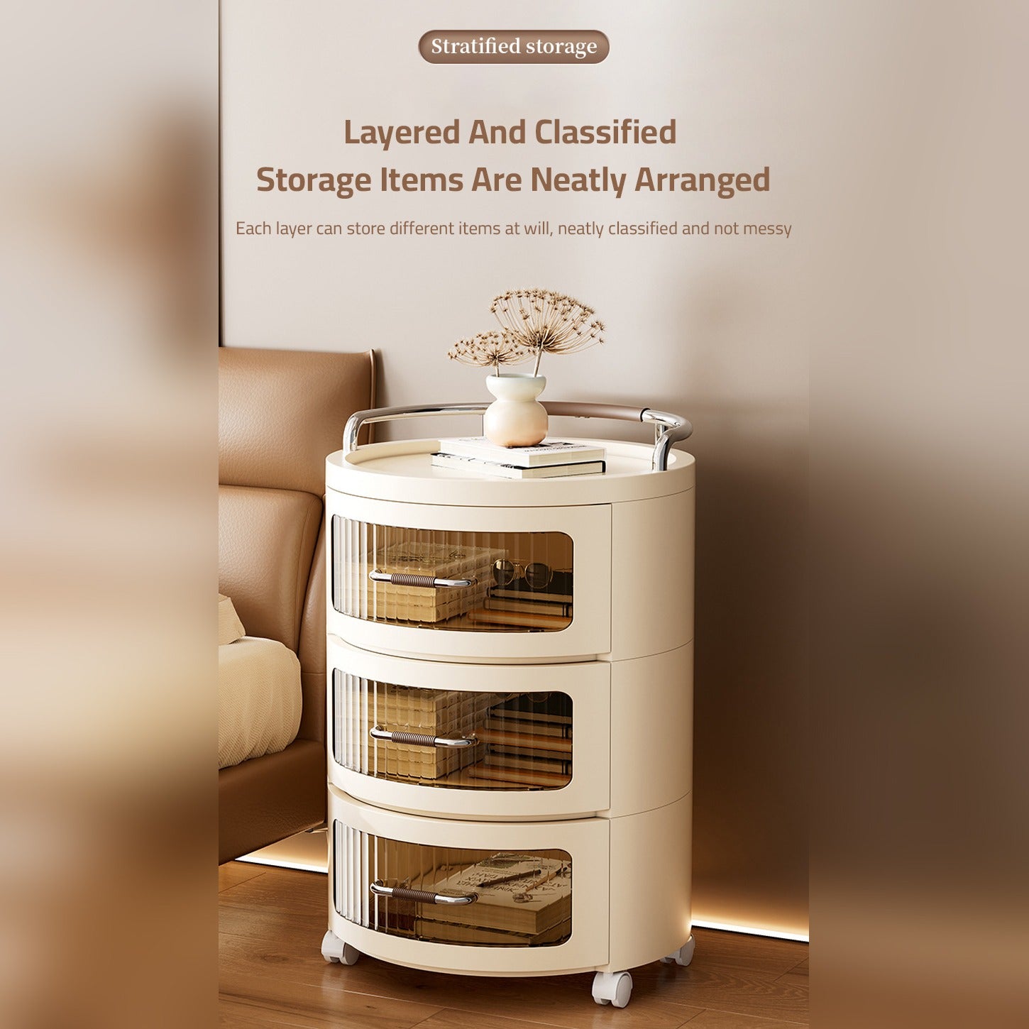 Round Rolling Storage Cabinet Organized with Books and Decor Items.