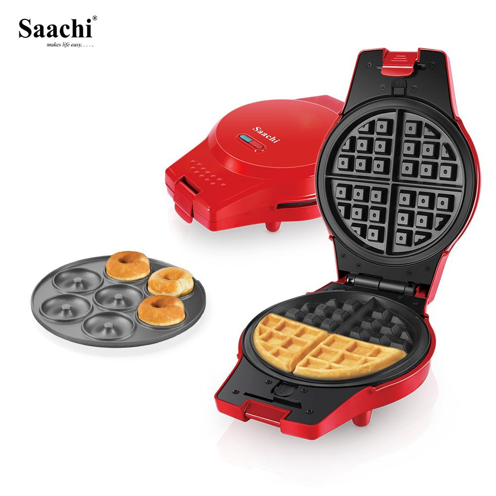 A red Saachi 2-in-1 Multi Snacks Maker with interchangeable non-stick plates for making waffles and mini donuts, shown open with freshly cooked waffles and a removable donut tray.