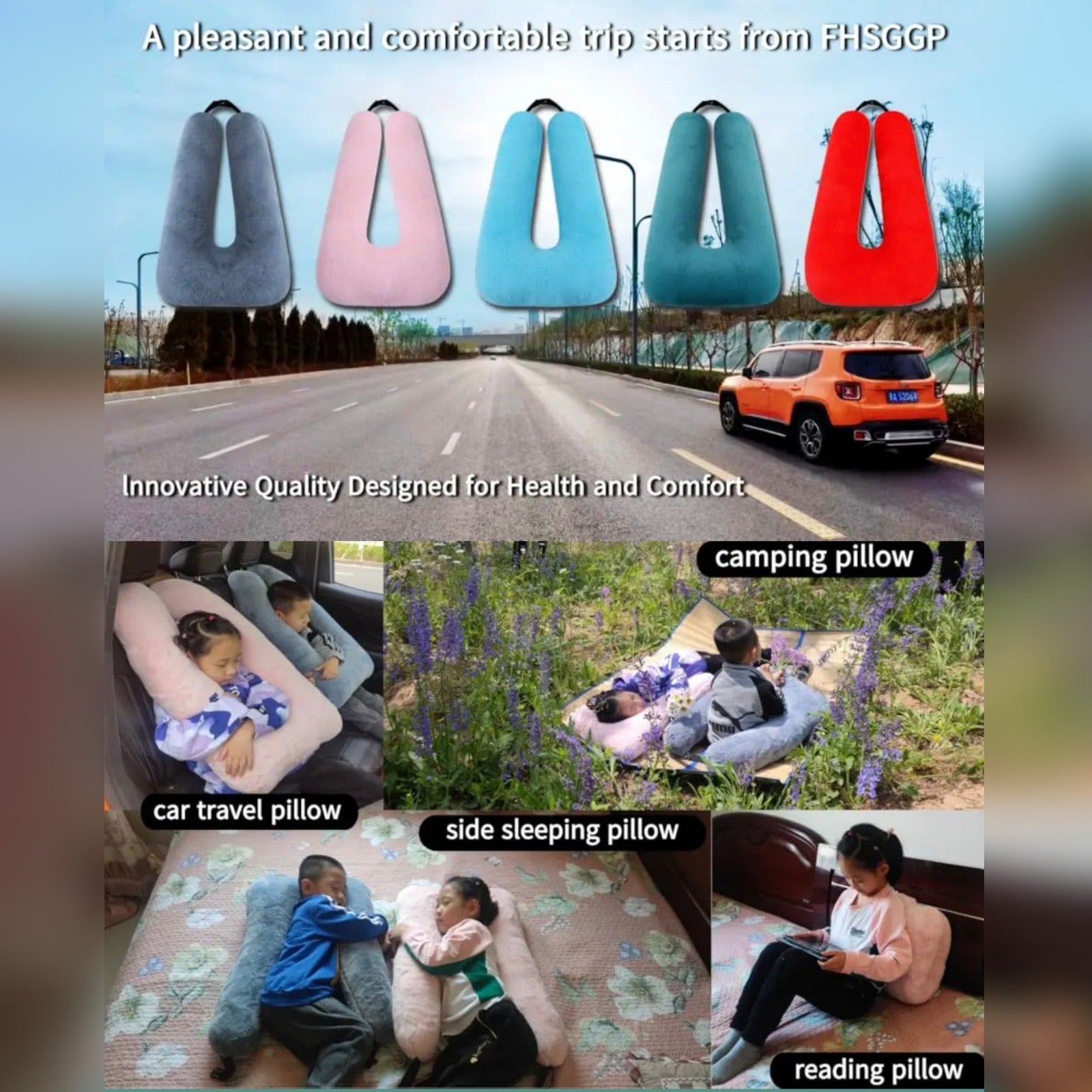 Different Children are Using Soft U-Shaped Travel Neck Pillow at Different Scenarios.