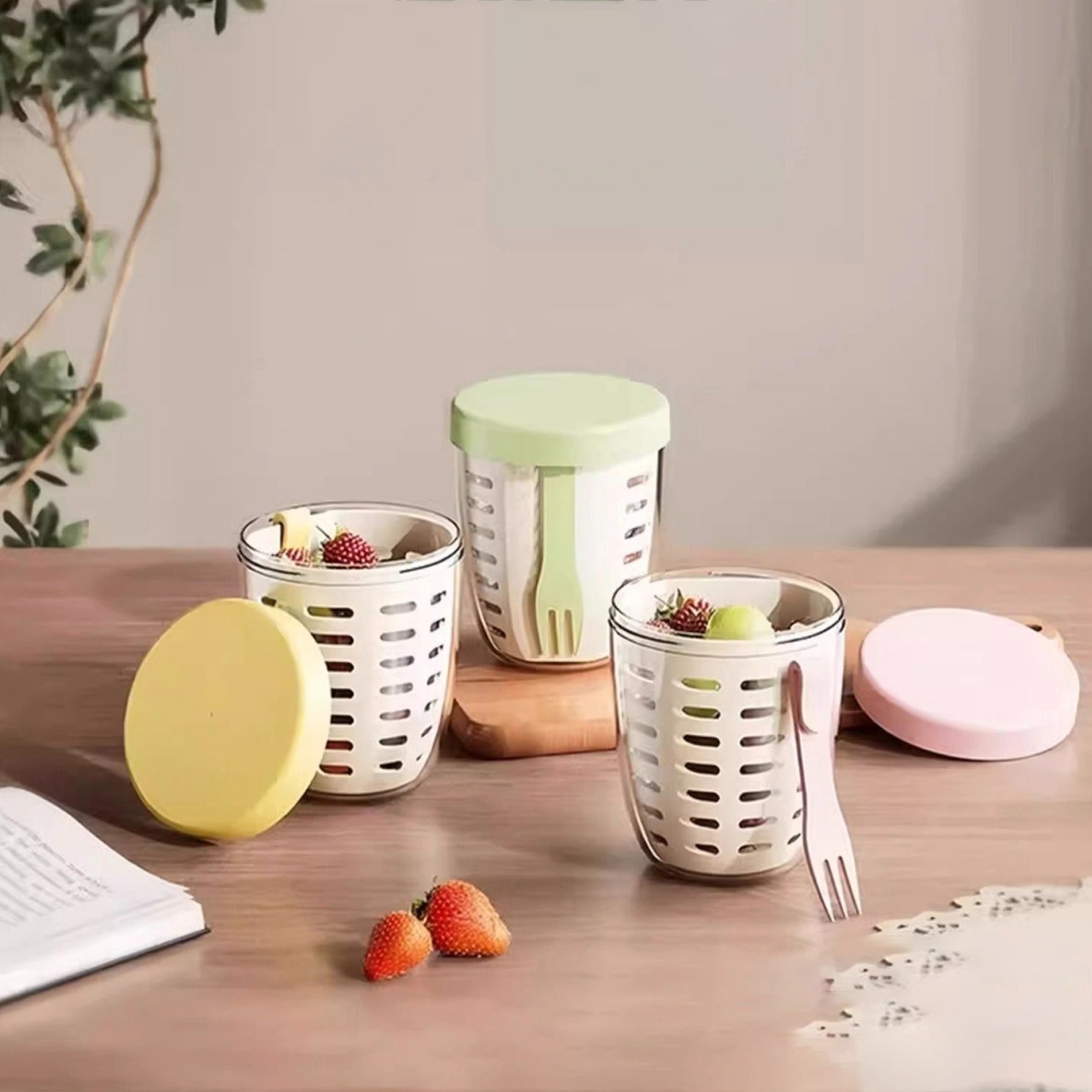 A Set Of Drainable Fruit Storage Cups With Fruits.