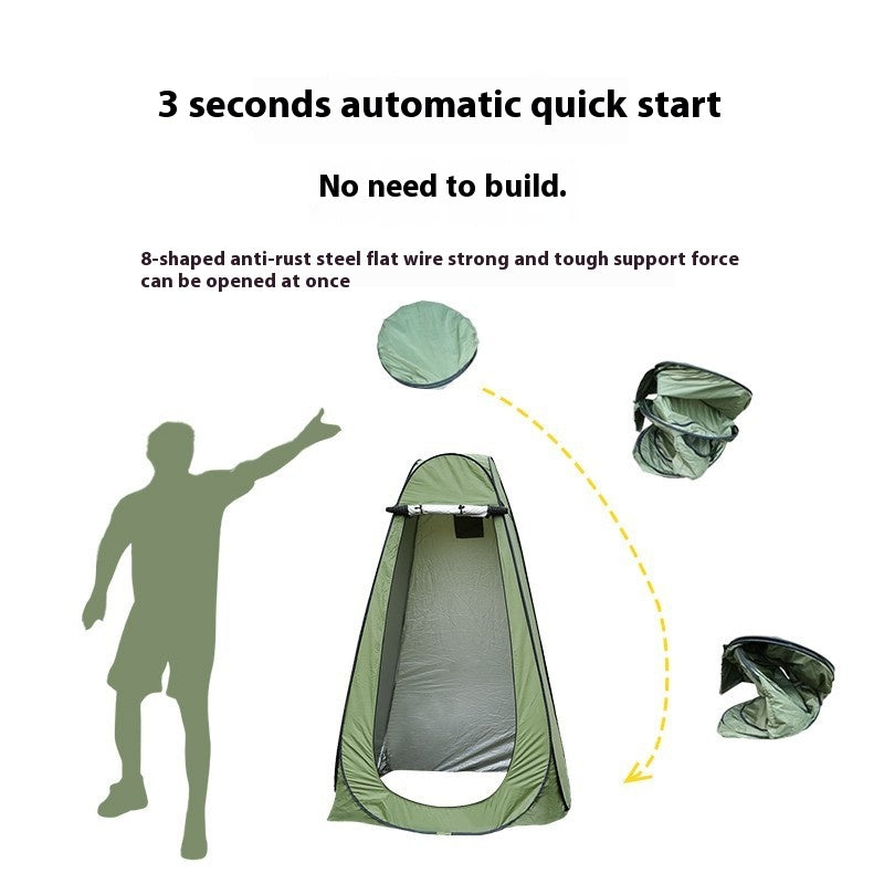 Setting up of pop-up privacy tent for outdoor camping, designed for changing clothes, showering, or toilet.