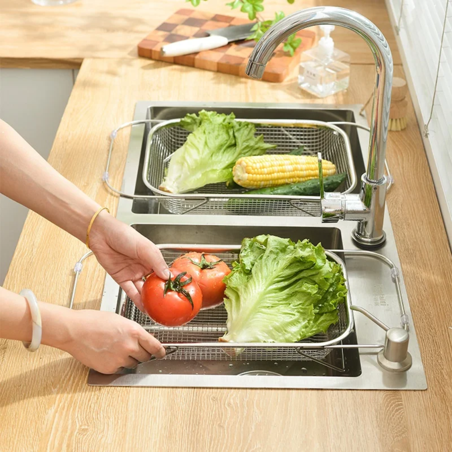 A Person is Washing Vegetables by Placing Sink Drain Basket Colander Over the Sink.