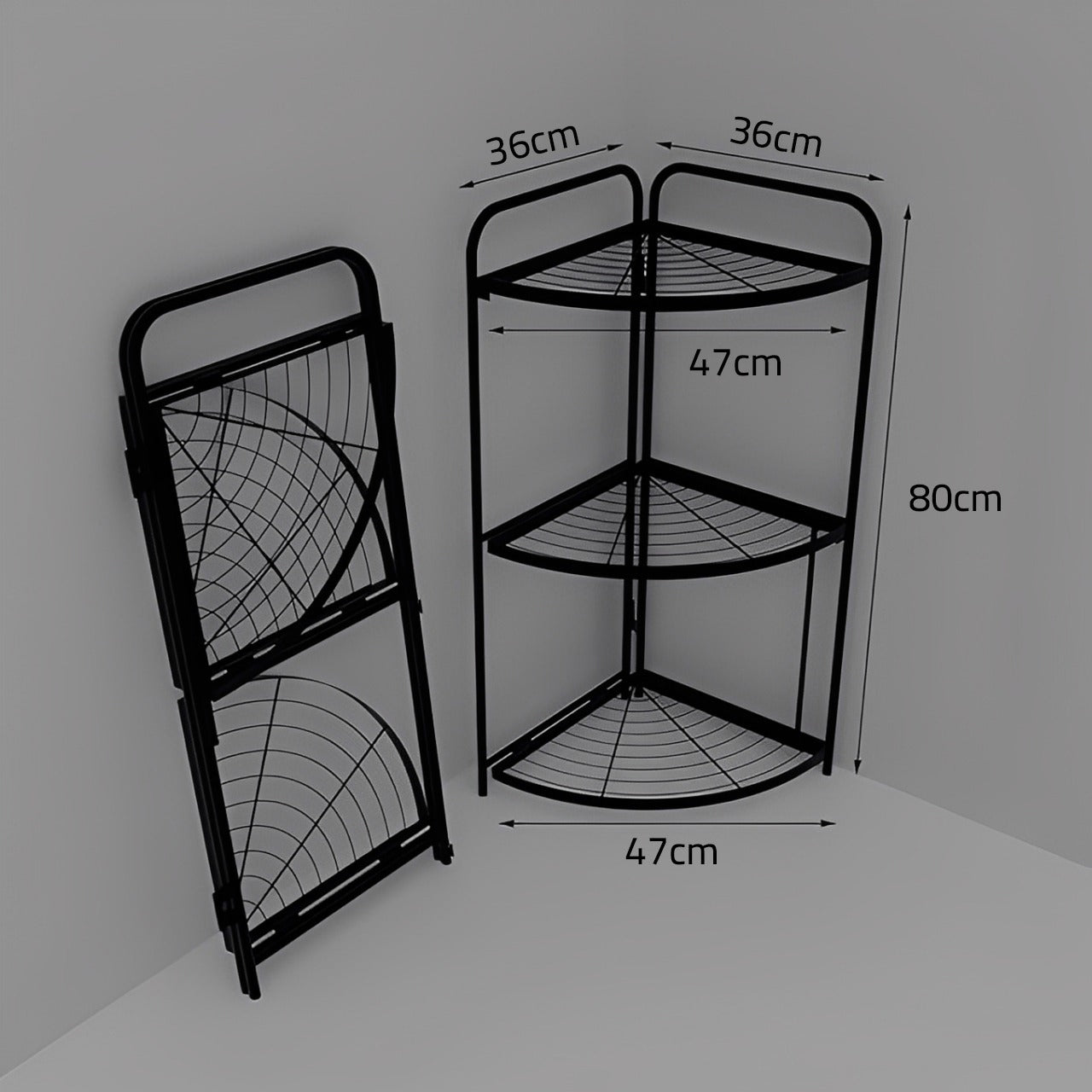 A Folded and Unfolded Corner Storage Rack with Its Size Details.