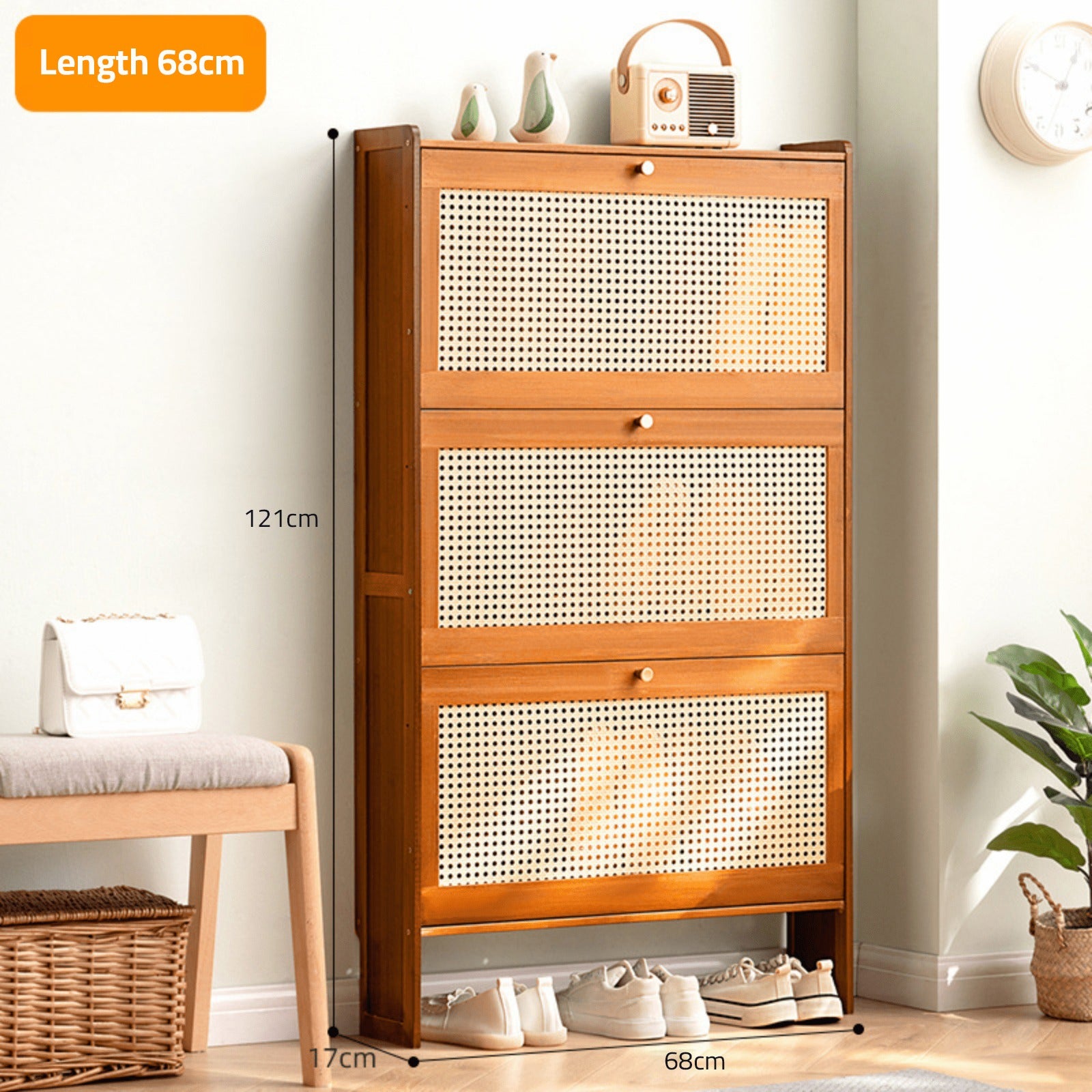 Size Of Multi-Layer Wooden Flip Down Shoe Storage Organizer Rack Organized with Shoes.