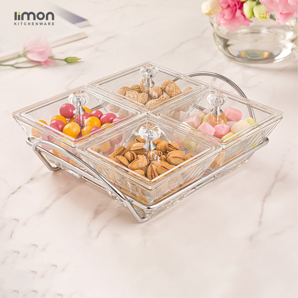Snack Serving Tray with Acrylic Lid Containing Candies and Nuts.