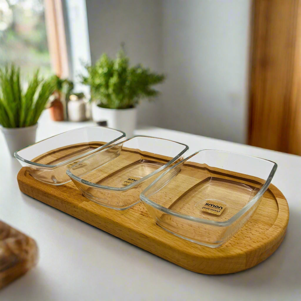A Snack Serving Tray with Wooden Base.