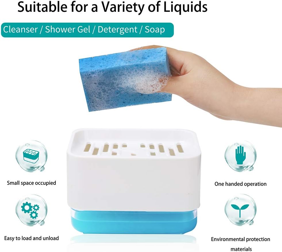 A compact sponge holder with a built-in soap dispenser, shown being pressed with a sponge to release liquid soap, placed beside a kitchen sink for easy dishwashing.