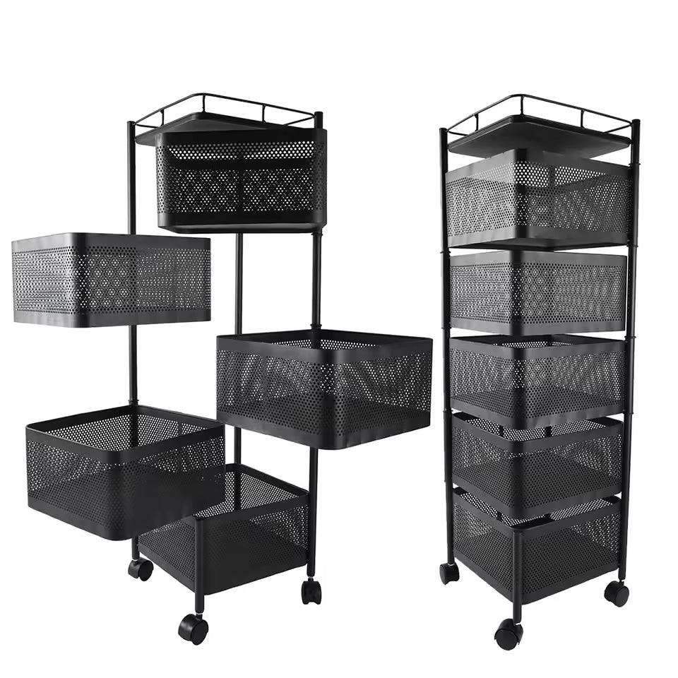 A Rotating Square Kitchen Storage Rack with multi-layer metal baskets.