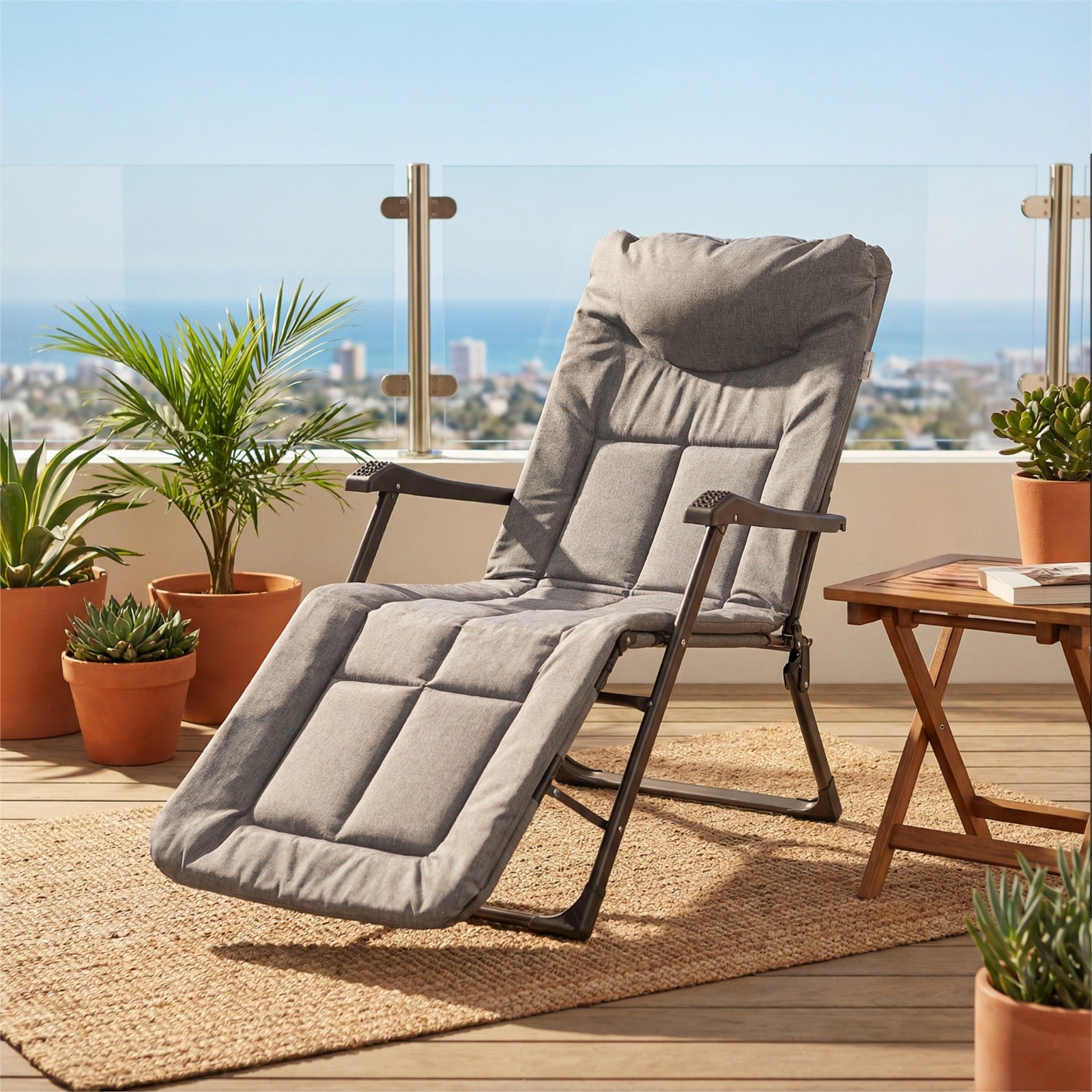 An Adjustable Folding Camping Chair Bed in a Terrace setting