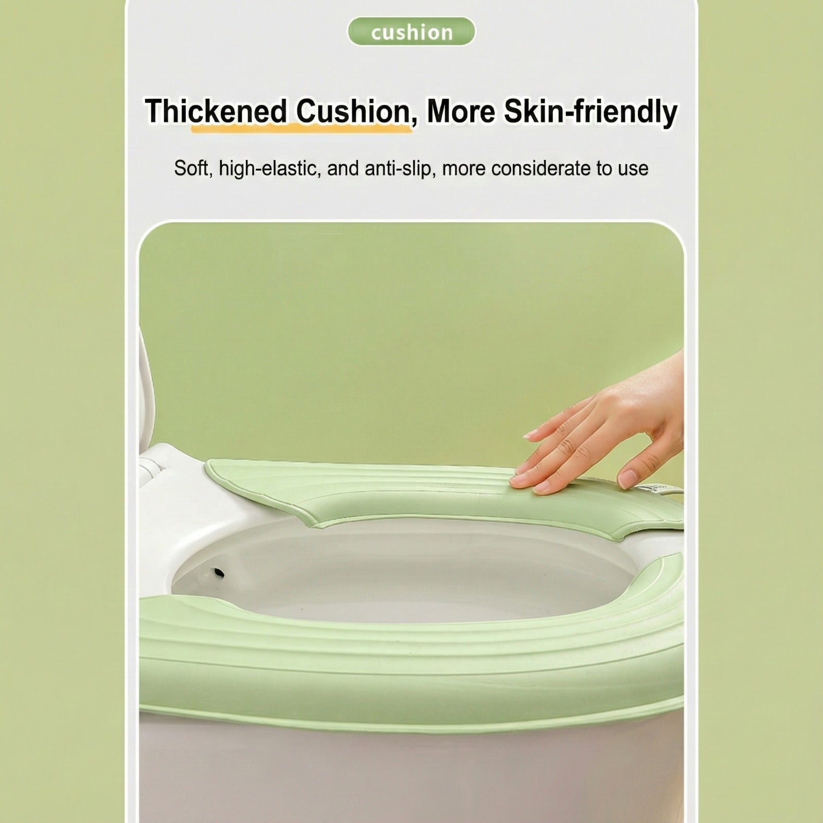 A Person is Touching the Soft waterproof Toilet Seat Cushion Cover, placed on a toilet seat for added comfort and hygiene.