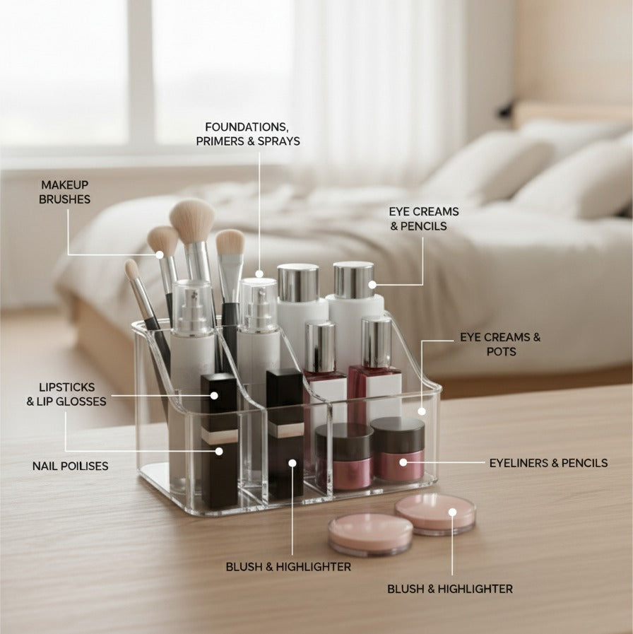 Cosmetcs Items are Arranged in a Transparent Makeup Storage Organizer Box.
