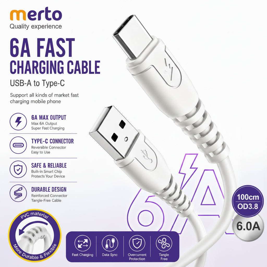 Merto 6A fast charging cable with USB-A to Type-C connector on a white background