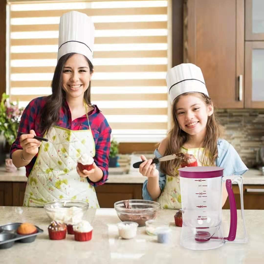 A Mother and Daughter is Using Cake & Pancake Batter Dispenser to Dispense Batter.