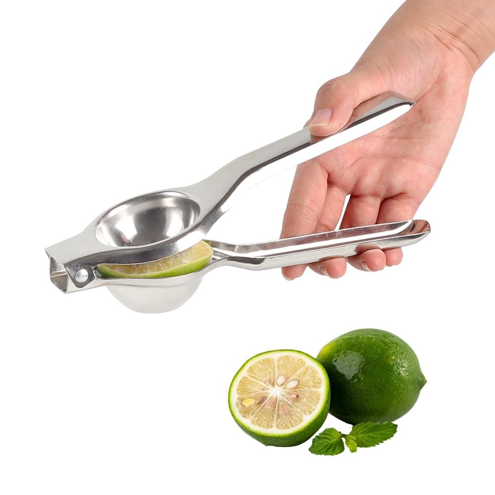 A Person is Squeezing Lemon Using Stainless Steel Lemon Squeezer.