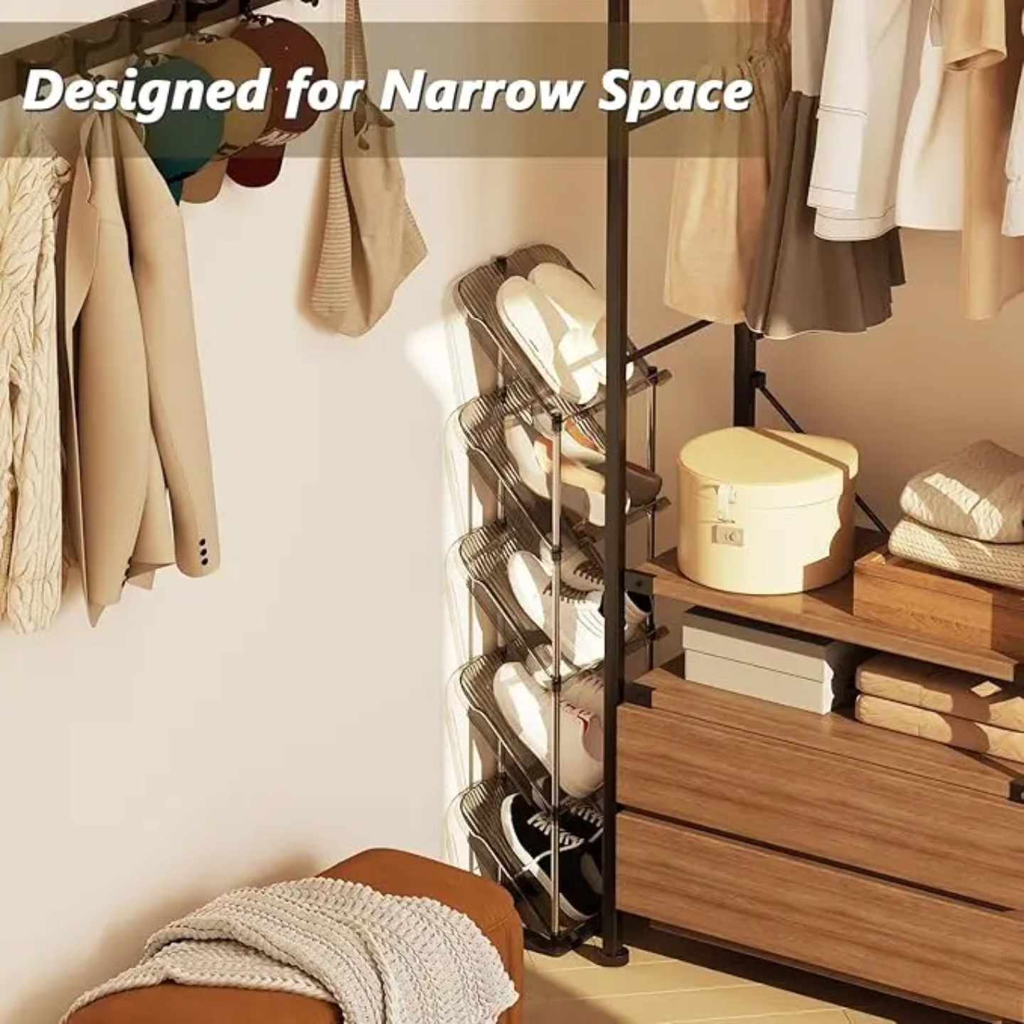 Shoes are Organized in a Vertical Shoe Rack Organizer Stand and Kept on the Side Of Wardrobe.