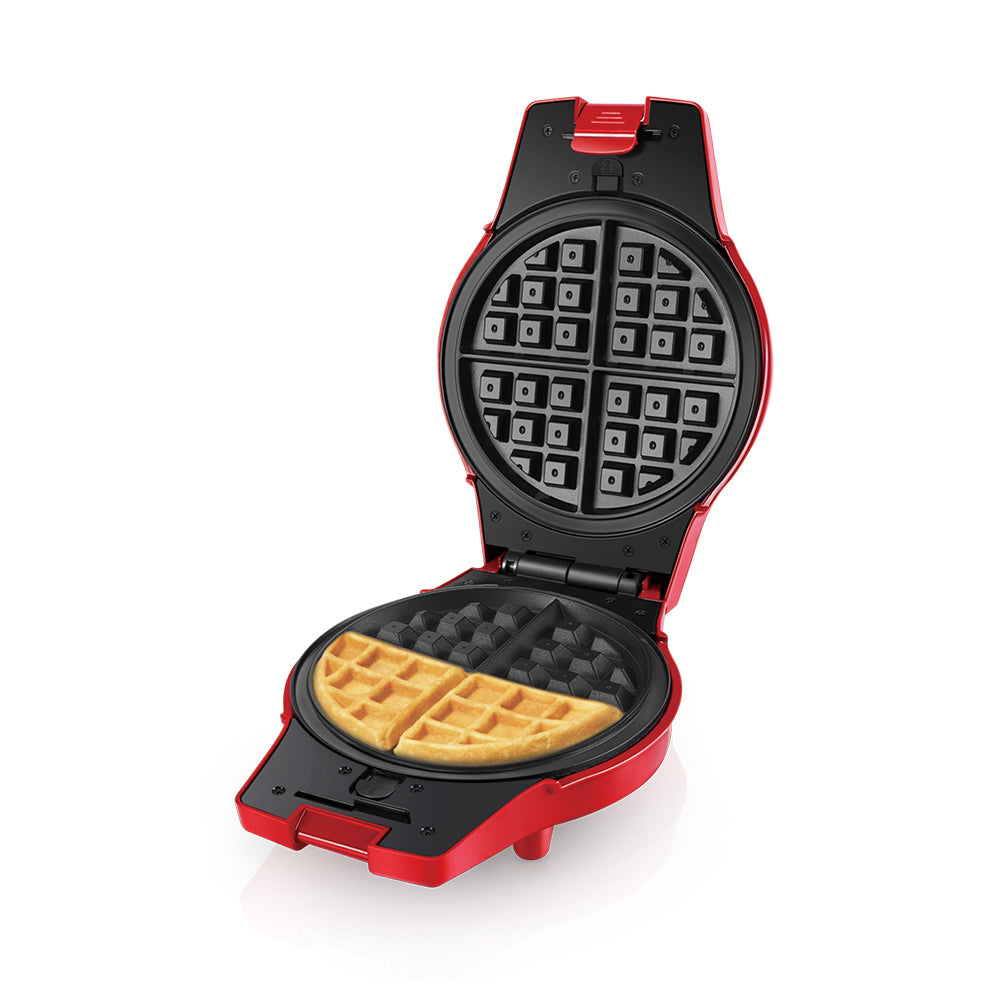 A red Saachi 2-in-1 Multi Snacks Maker with interchangeable non-stick plates for making waffles and mini donuts, shown open with freshly cooked waffles.