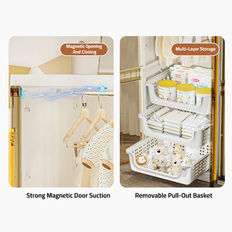 Parts Of Modern Wardrobe Cloth Storage Cabinet Rack Organized with Clothes.