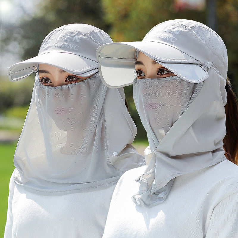 Two Woman are Wearing Wide Brim Bucket Hat with Neck Cover.