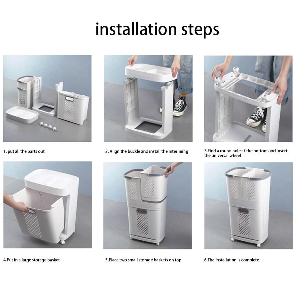 Installation steps of 3-Tier Rolling Laundry Basket with Handle, Drawer Compartments,