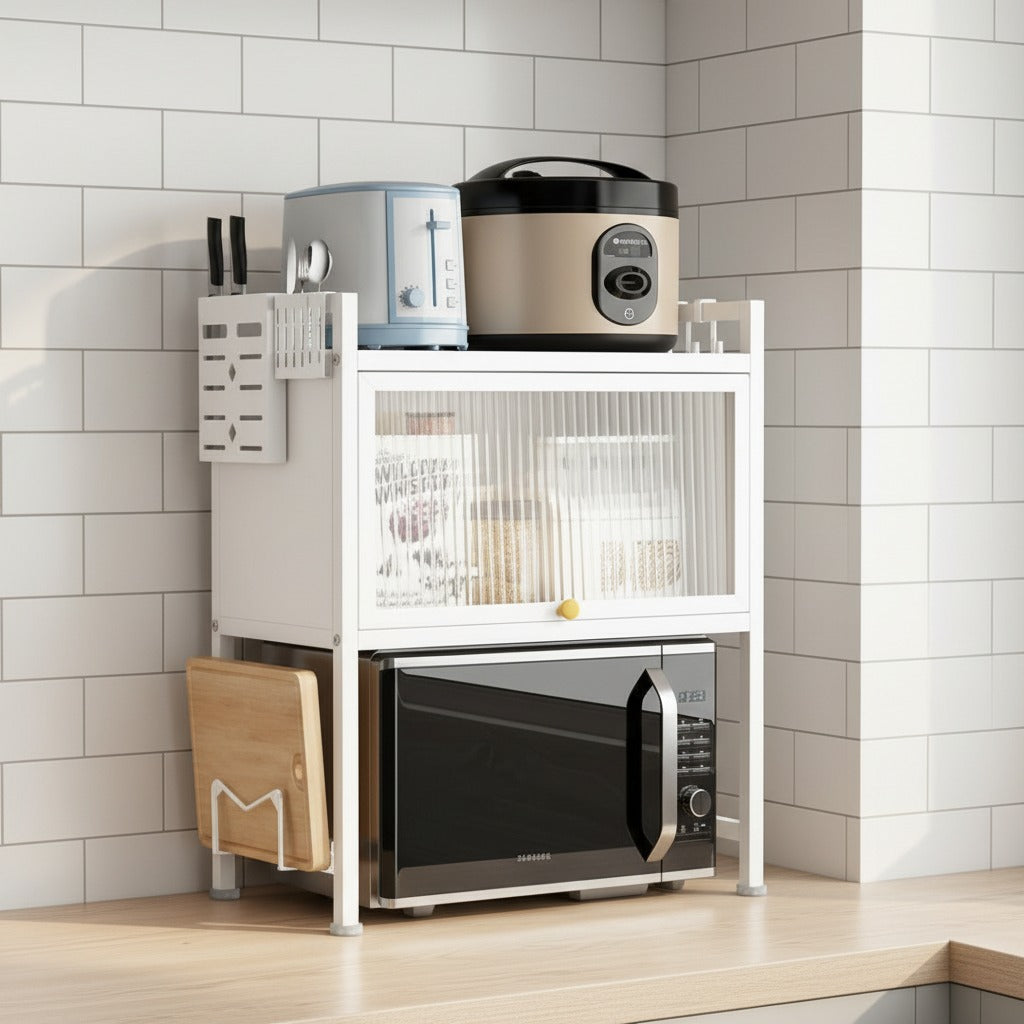 Oven and Multiple Kitchen Essentials are Organized in a Heavy-Duty Microwave Oven Shelf Rack.