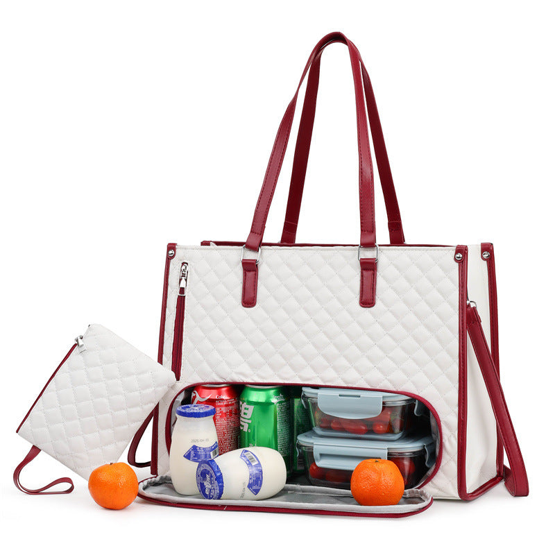 Lunch Boxes and Drinks are Stored at Women Tote Lunch Bag.