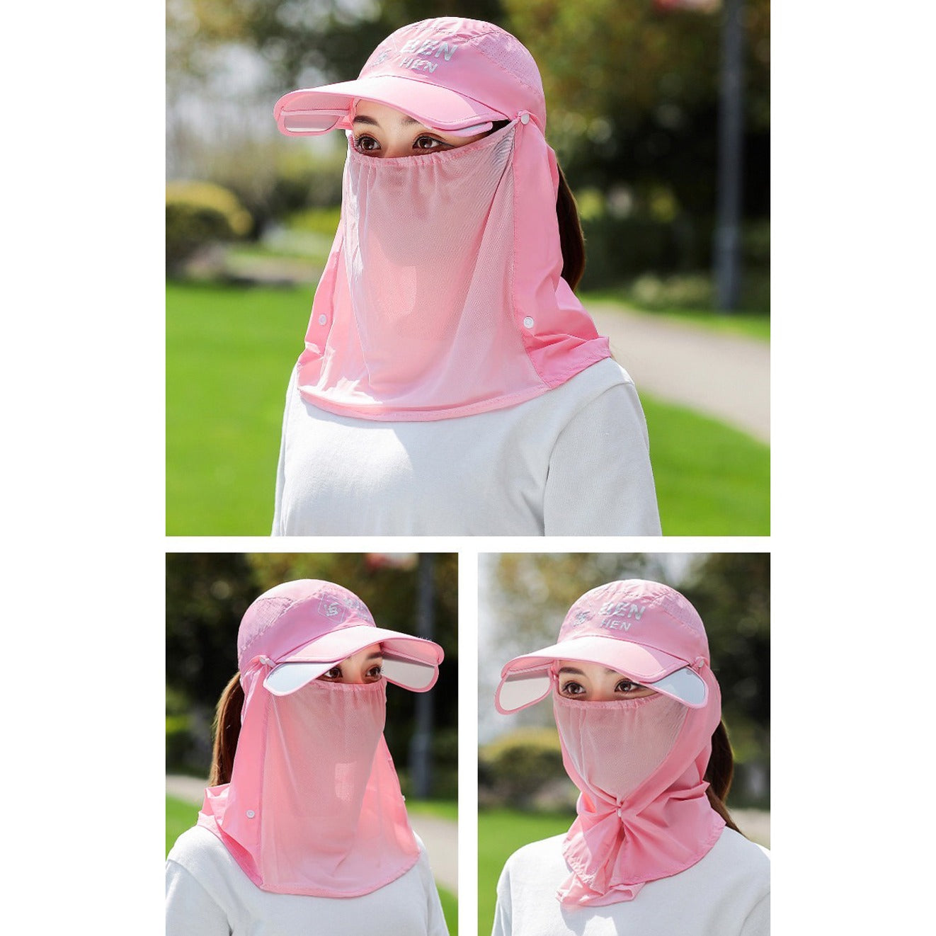 A Woman is Wearing Wide Brim Bucket Hat with Neck Cover.