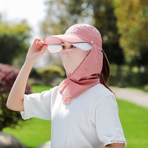 A Woman is Wearing Wide Brim Bucket Hat with Neck Cover.