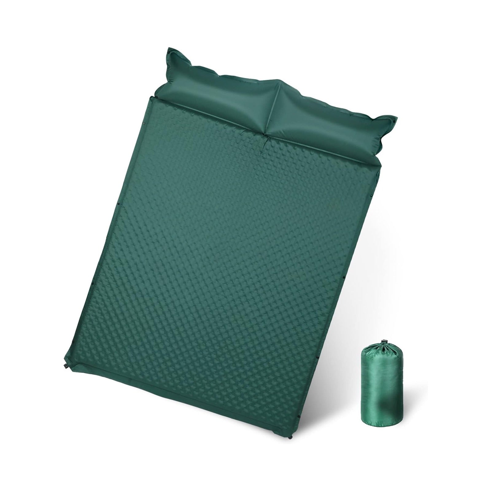 A green self-inflating camping mattress with built-in pillow.