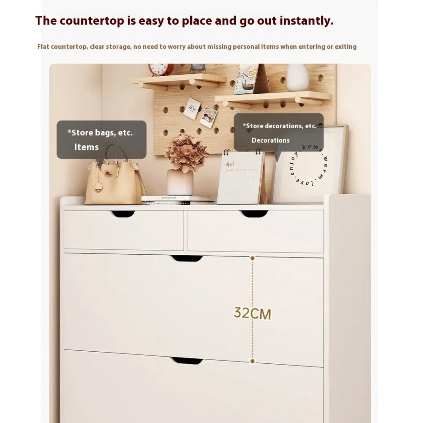 A modern shoe cabinet with flip drawers featuring a clean, minimalist design and a flat countertop for added functionality. The top surface is used to store everyday essentials like bags, décor, and accessories.