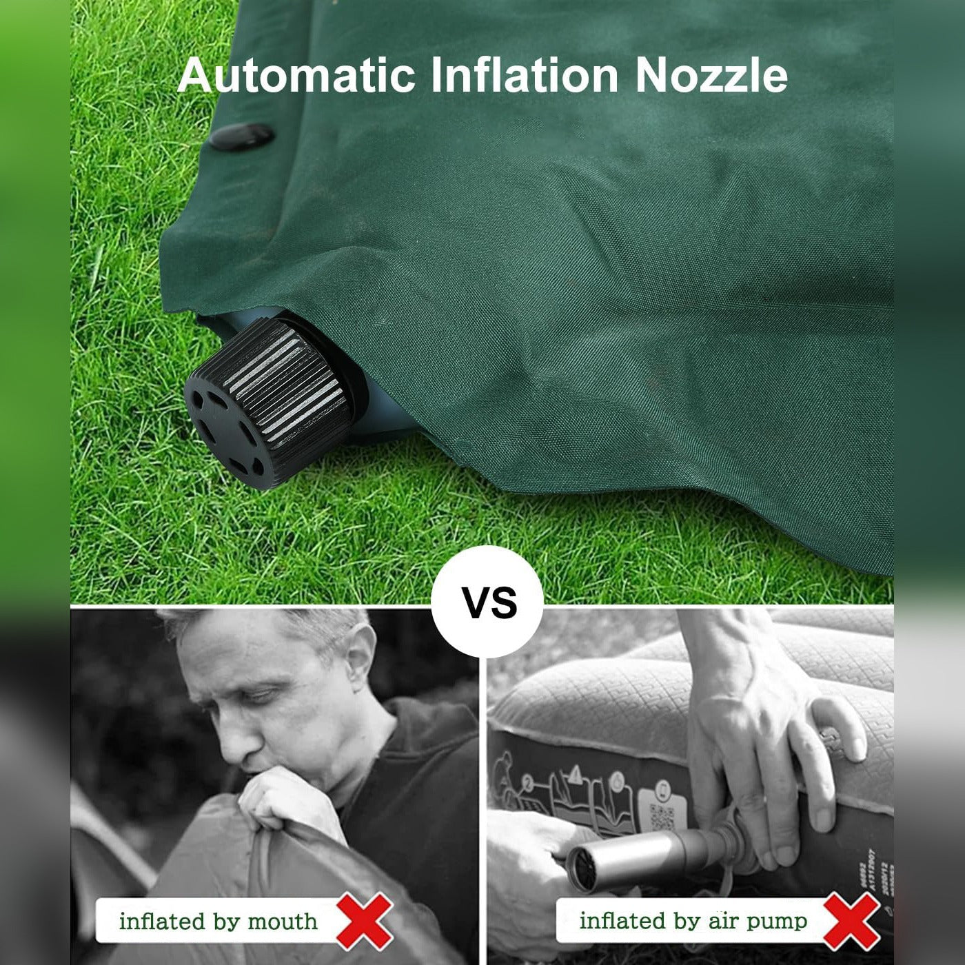 Automatic Inflation Nozzle of self-inflating camping mattress with built-in pillow.