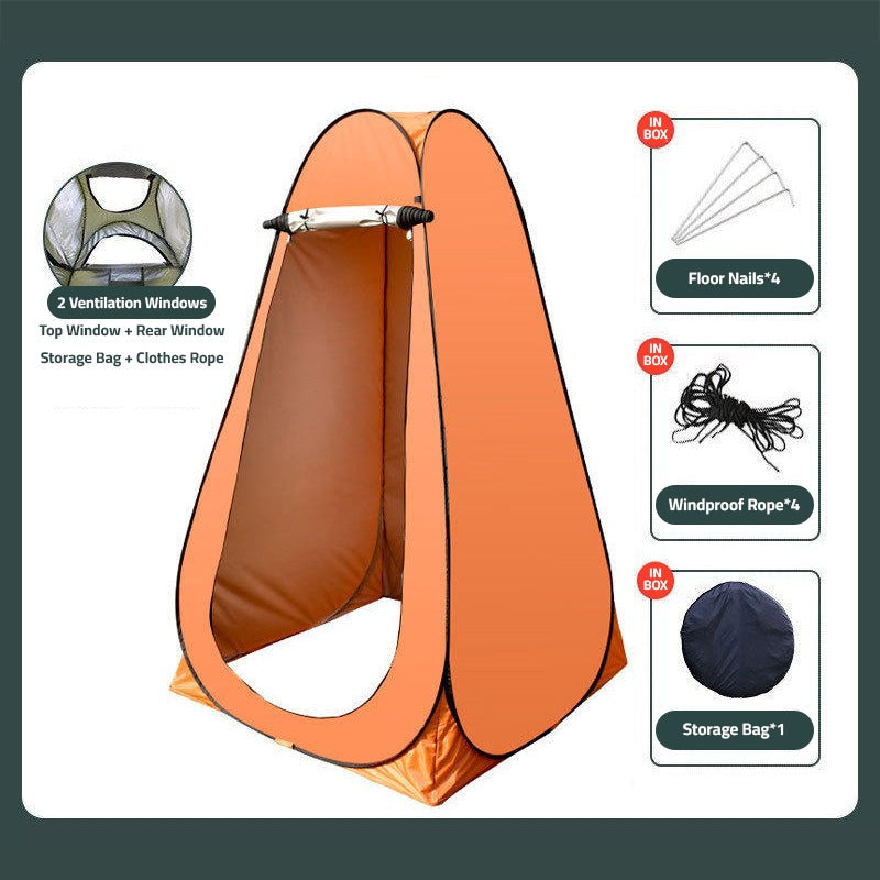 pop-up privacy tent for outdoor camping, designed for changing clothes, showering, or toilet use in the forest or beach areas.