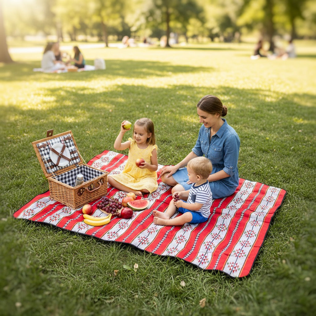 Family enjoying a picnic on an outdoor picnic mat in a park.