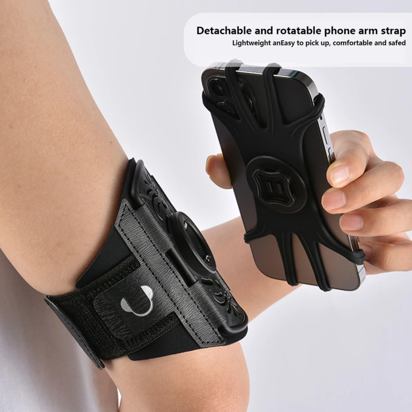 A person is wearing a sports armband phone holder on their upper arm while detaching the phone from the mount
