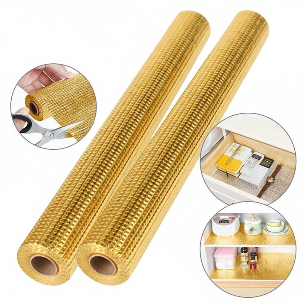 A textured anti-slip shelf liner roll shown in multiple pieces, used under kitchen appliances and dishes to prevent slipping, protect surfaces, and keep cabinets clean and organized.