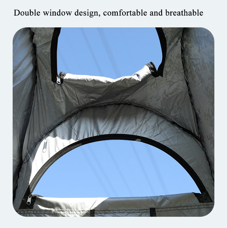 Double window design of pop-up privacy tent.