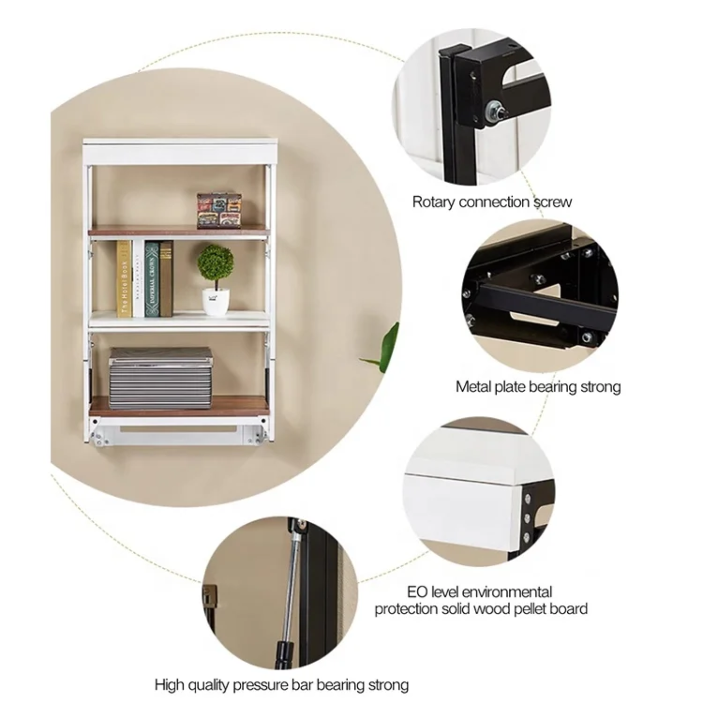 Parts Features Of Wall Mounted Folding Table Which is Converted to Shelf Rack.
