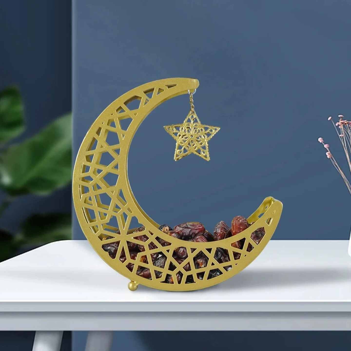 Ramadan Eid Crescent Dates Holder with Dates are Arranged in a Table.