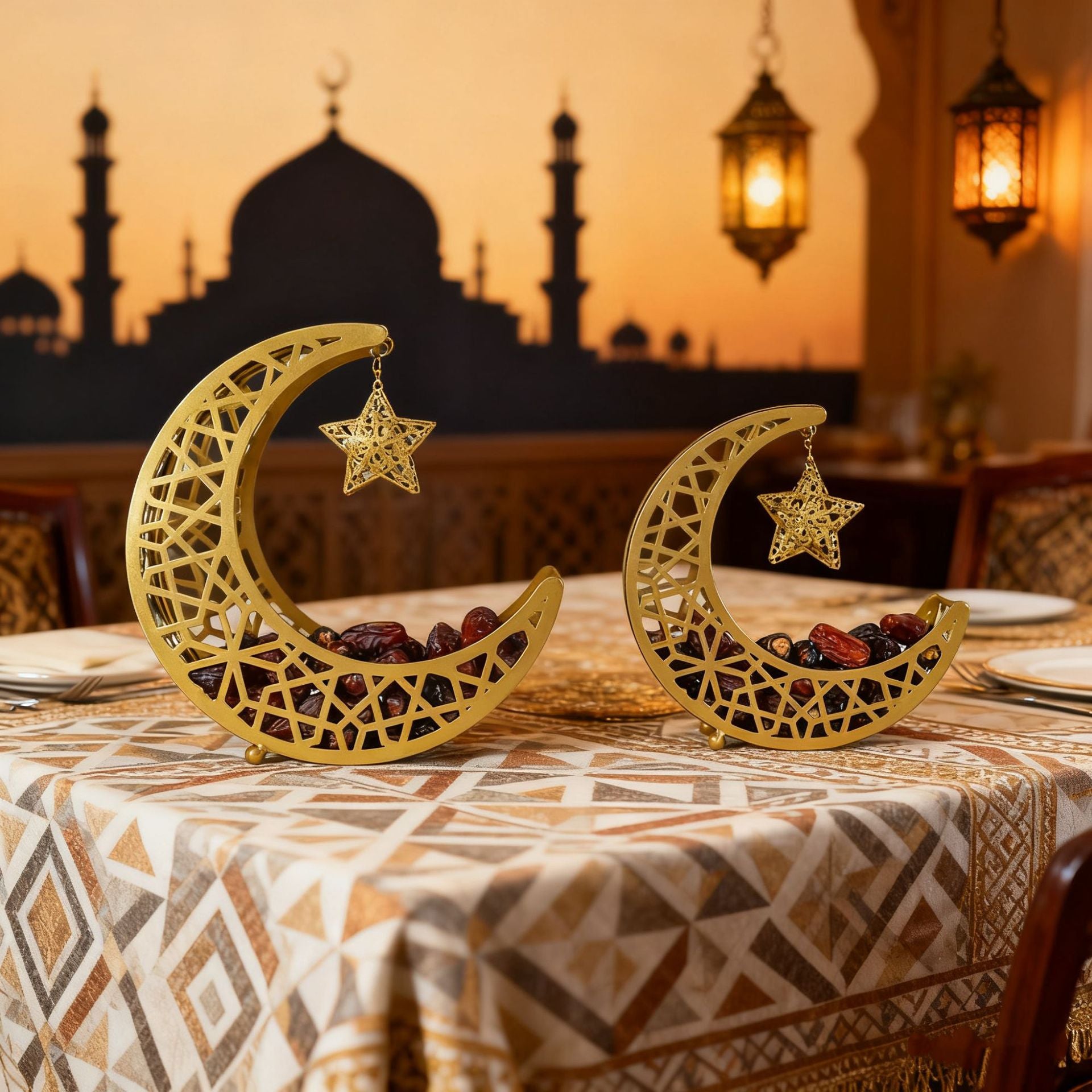 Ramadan Eid Crescent Dates Holder with Dates are Arranged in a Table.